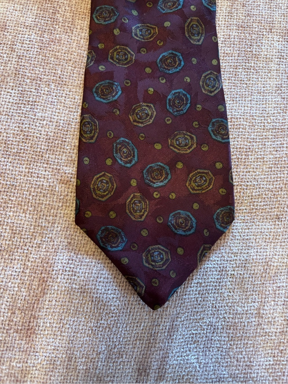 Liberty of London Maroon Silk Tie with Blue and Olive Modernist Medallion Print